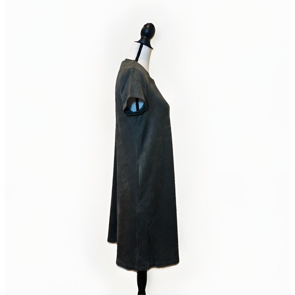 J McLaughlin Swing Dress Cap Sleeve Olive Green Faux Suede Size M Pockets - Picture 6 of 15